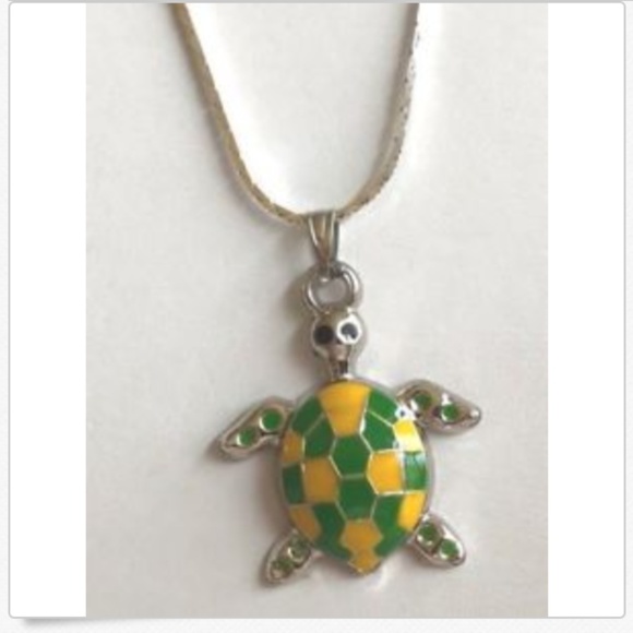 Sea Turtle Necklace Yellow Green Sea Life Island Nautical Silver Plated Pendant - Picture 3 of 8